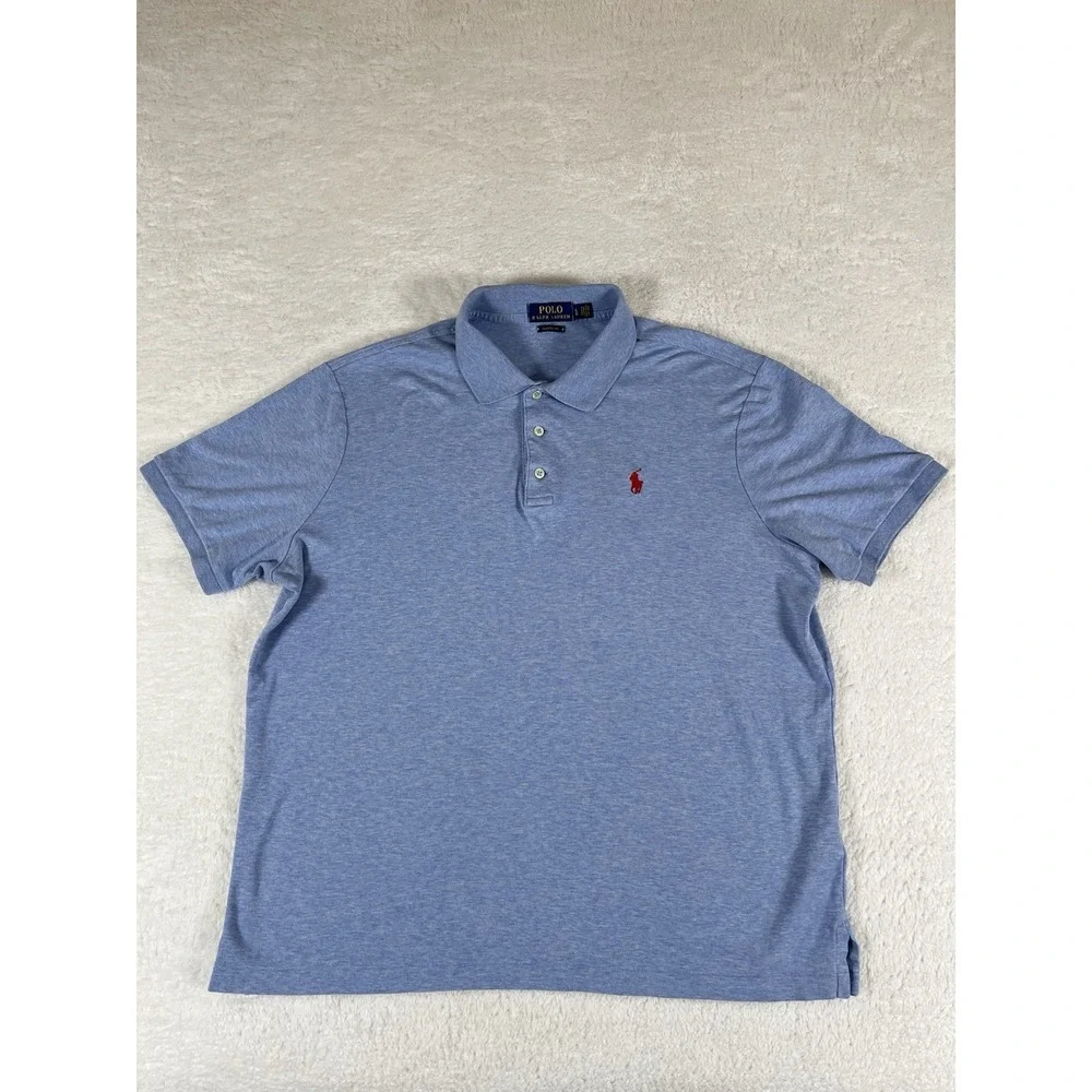 Polo Ralph Lauren Classic Fit Polo‎ Shirt Heather Blue Red Pony Men's Lg Preppy